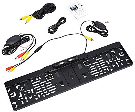 Number Plate Rear-View Camera, Transmitter Wireless Radio Reversing Camera License Plate 4IR LEDs Indicator Parking Aid with 170 Viewing Angle Waterproof HD Night Vision Function