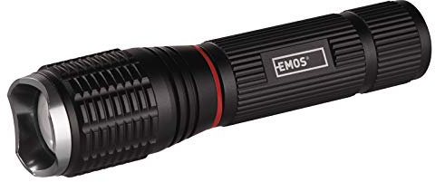 EMOS Linterna LED de Metal con Zoom con Correa de Mano e imán, 3 Modos de luz, máx. 230 lúmenes, Alcance de hasta 210 m, Funciona con Pilas, Negro