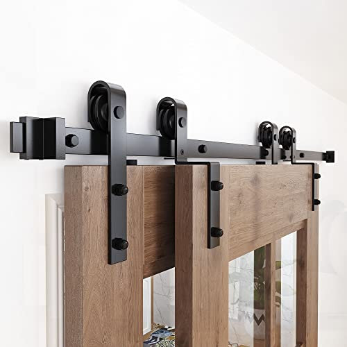 ZEKOO 12FT Single Track Bypass Sliding Barn Door Hardware Kit for Double Doors, Barn Door Bypass Hardware Kit, Flat Track Roller, Low Ceiling (J Shape Hanger)