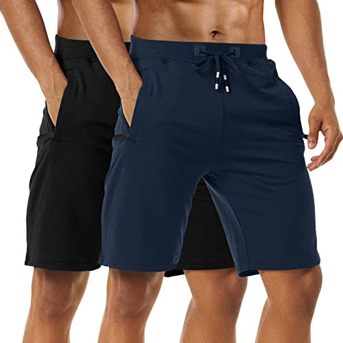 Sporthose Herren Kurz - Kurze Hosen Herren, Laufshorts Männer Sommer Baumwolle Jogginghose Fitnesshose Sport Shorts Mens Kurze Hosen Trainingshose Mit Reißverschlusstasch, 2er-Pack Black/Navy-XL