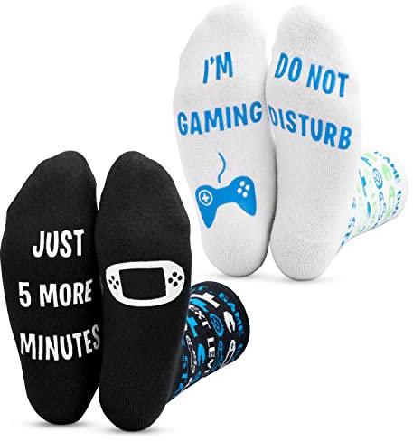 Kids Novelty Gaming-Socken, 2 Stück – Do Not Disturb, I'm Gaming & Just 5 More Minutes Gr. 5-9 Jahre, Kinder 10-14