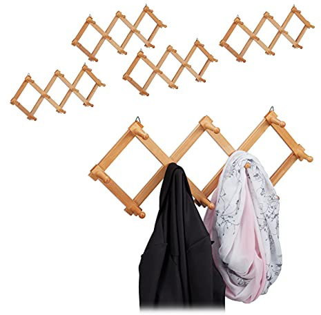 5 x Wandgarderobe Holz, ausziehbare Garderobenleiste, 10 Kleiderhaken, stabil, Scherengarderobe faltbar, natur