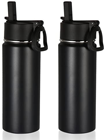 Volhoply 530ml Trinkflasche Edelstahl Zwei Packungen,Doppelwandig Vakuum Isolierte Thermosflasche mit Strohhalm,Metall Water Bottle,BPA-Frei Thermoskanne für kinder,Sport,Schule,Outdoor(Schwarz,2 Set)
