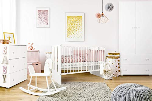 KMbaby Paula Möbel Set für EIN Kinderbett mit Barriere Kommode Kleiderschrank Kommode Auflage Minimalistischer Stil Holz MDF-Platte Weiß Universal-Set