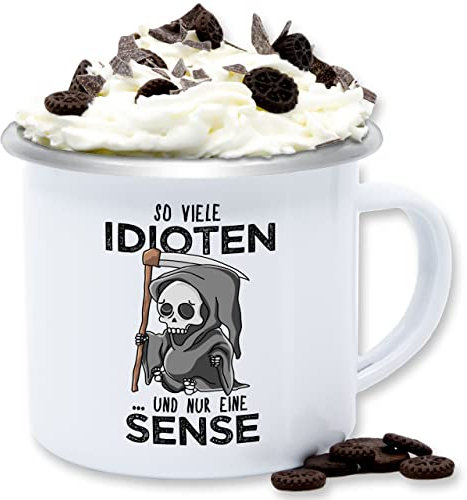 Emaille Tasse Blechtasse - Statement Sprüche - So viele Idioten und nur eine Sense - Schwarz - 300 ml - Weiß Silber - böse tassen becher mit spruch sarkasmus sensenmann kaffeetasse freche