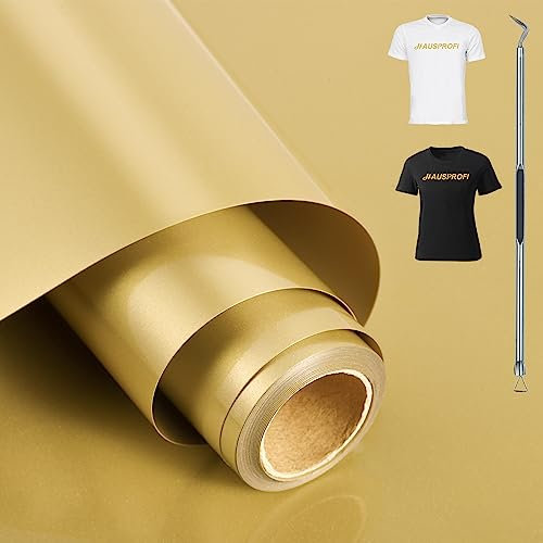 HAUSPROFI Plotterfolie Textil 30.5cm x 400cm, Plotter Bügelfolie für Silhouette Cameo - PU Flexfolie Plotter für DIY T-Shirt/Anderen Stoffe - Mit Häkelnadel - Gold