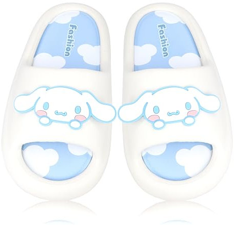 Roffatide Anime Cinnamoroll My Melody Kuromi Pantoffeln für Frauen Rutschfeste Badesandalen Kuh Druck Gummipantoffeln Hausschuhe Weiß 37/38