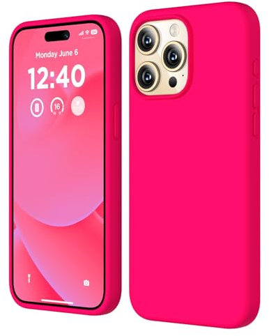 COFFKER Compatible with iPhone 15 Pro Max Case, Liquid Silicone Case, Full Body Shockproof Protective Cover Slim Thin Phone Case with Soft Anti-Scratch Microfiber Lining, 6.7 inch-Neon Pink