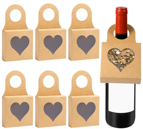 6pcs Mini Wine Bottle Box Hanger with Heart Window, Small Foldable Hanging Kraft Paper Gift Decoration for Candy Chocolate Cookies Treats Wedding Valentine Christmas New Year Party Favor