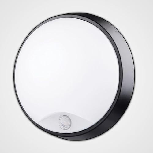 10W LED CCT Tri Colour IP65 Flush Wall Ceiling Mounted Round Circular Black Bulkhead Light Fitting with Motion Sensor PIR for Indoor,Outdoor,Office,Hallway,Corridor,Utility,Garden,Shed,Workshop