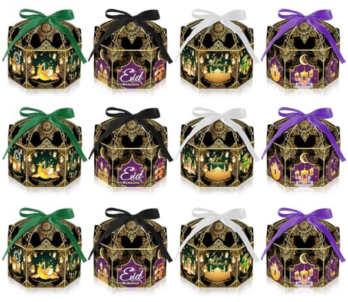 12 Stück Eid Mubarak Geschenkboxen, Ramadan Geschenkboxen, Süßigkeiten Geschenkbox, Eid Mubarak Geschenktüte, Eid Mubarak Dekoration für Süßigkeiten, Kekse, Schokolade