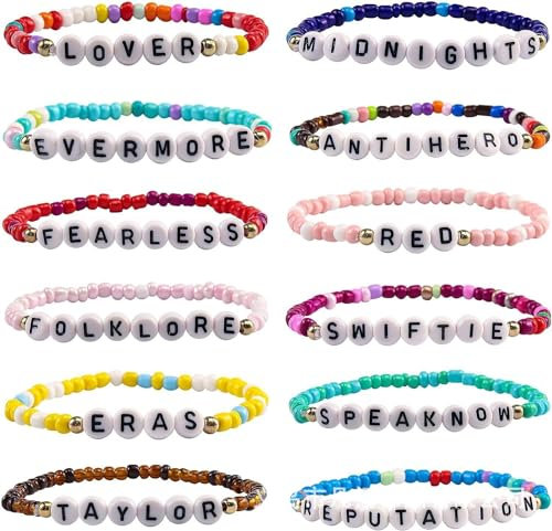 YSDYY 12 bunte Album-Armbänder, 1 schwarze Aufbewahrungstasche, Armband mit Buchstabenperlen, geeignet als Schmuckgeschenk zum Verschenken, kommt mit 10 x 12 cm Aufbewahrungstasche, Polymer-Ton