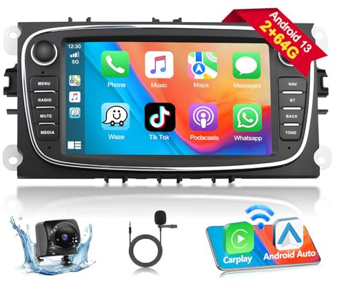 Podofo Carplay Autoradio für Ford Focus C-Max S-Max Mondeo Kuga Galaxy Mondeo Kuga, 2G+64G Stereo mit 7-Zoll-Touchscreen Android Autoradio, GPS/WLAN/SWC/FM/RDS+ AHD-Rückfahrkamera und Mikrofon