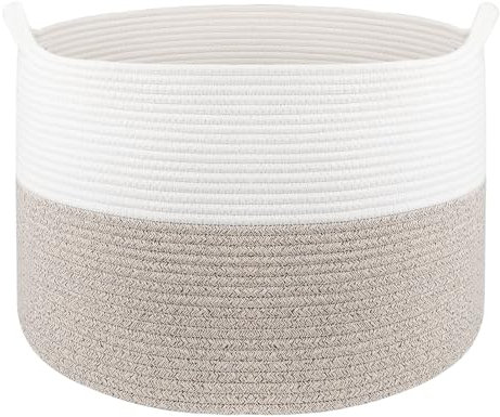 Esperzoa collection Extra großer Wäschekorb, 55 x 35 cm, Baumwollseilkorb für Wohnzimmer, gewebter Aufbewahrungskorb zum Organisieren, Spielzeugkorb mit Griff, Weiß und Braun