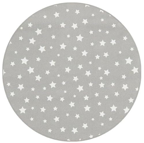 FISURA Grauer Teppich mit weißen Sternen, runder Teppich mit 100 cm Durchmesser, Kinderteppich mit Muster, 100 cm x 100 cm.
