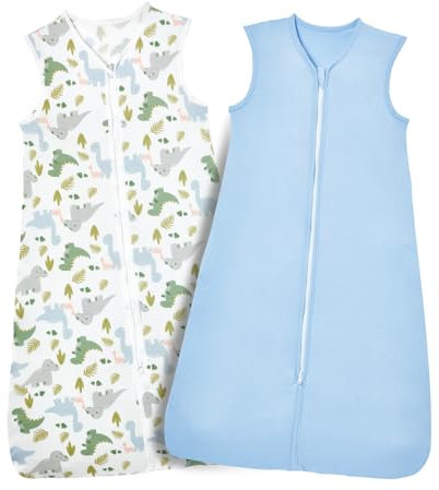 Lictin Sommerschlafsack Baby 2er Pack, 0.5 Tog Babyschlafsack Sommer, Schlafsack Baby für 3-18 Monate, Sommerschlafsack mit Einstellbarer Länge 62-83cm, Schlafsack Kinder Blau + Blau Dinosaurier