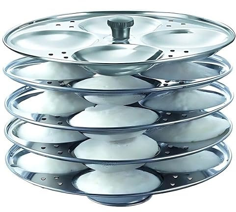 Stainless Steel Idli Stand Maker 3,4,5 Plates Rack Dhokla and Patra Tray Plates Sancha Pot For Pressure Cooker Silver (Silver 5 Tier Tray)