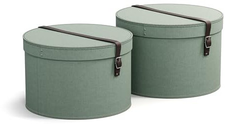 BIGSO RUT 2er-Set Aufbewahrungsbox mit Deckel – runde Ordnungsbox mit Lederriemen – große und kleine Hutschachtel aus Faserplatte und Papier in Leinenoptik – mintgrün