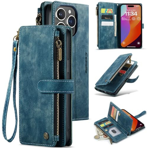 UEEBAI Handyhülle für iPhone 15 Pro Max 6.7 inch, Retro Reißverschluss Hülle Premium PU Leder Weiche Klapphülle Magnetverschluss Kartenfach Standfunktion Geldbörse mit Trageband Schutzhülle - Blau