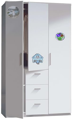 Miroytengo Ceri Armario de Dormitorio en Blanco Brillo, 3 Cajones y 3 Puertas, Fabricado en Melamina, 120cm, con Barra de Colgar