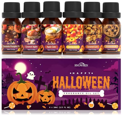 SNOWSEN Halloween Ätherisches Öle Set, Ätherische Öle für Diffuser, Duftöl Geschenkset, Seifenduftöl - Schokoladen Kürbiskuchen, Karamelläpfel, Miskaramellen, Apfelwein, Karamelmais, Snickerdoodle