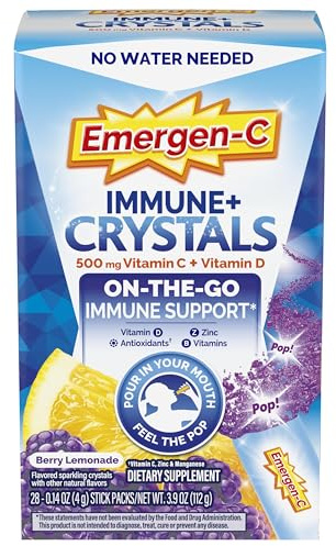 Emergen-C Immune Plus Crystals, On-the-Go Immune Support Supplement with Vitamin C, Vitamin D, B Vitamins, Zinc and Manganese, Berry Lemonade - 28 Stick Packs