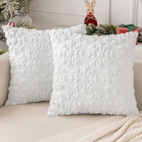 MIULEE Weihnachten Kissenbezug Weihnachtstag 2er Set Kurz Wolle und Samt Kissenbezüge Deko Luxuriöses Winter Zierkissenbezug für Sofa Schlafzimmer Wohnzimmer, Runde Schneeflocken, Weiß, 45x45cm