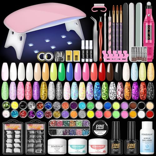 PEACECOLOR Full Acrylic Nail Kit with Lamp and Drill - Starter Set, Pink, White, Clear Acrylic Powder and Monomer Liquid, Nail Tips, Brush, Extension Kit for Beginners Gift for Women DIY