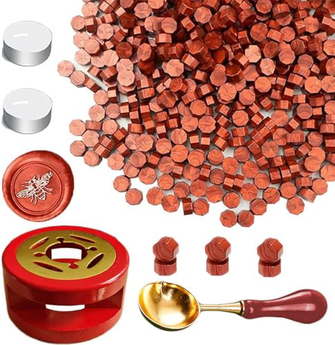 Wachs Siegel Perlen Set, Ioggtser Siegelwachs Perlen Set mit 450PCS Neuer Wein Rot Wachs Siegel Perlen, Wachs Siegel Warmer, Schmelzlöffel, 2 PCS Kerzen, Wachs Siegel Kit für Hochzeitseinladungen