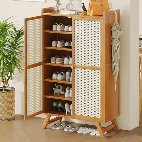 Dkjdssek Mueble Zapatero Dos Puertas con Estante Ajustables, Armario Zapatero para 16-24 Pares, Zapatero Estrecho de Bambú, Ahorro de Espacio, para Organizar y Almacenar Zapatos
