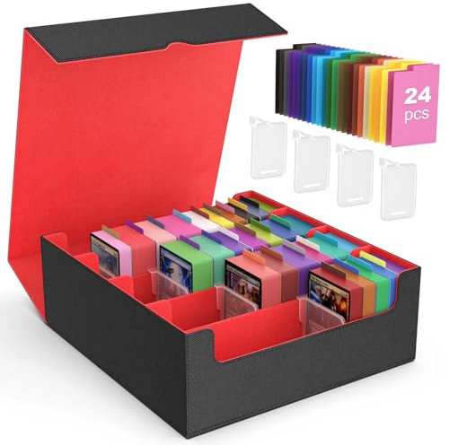 MoKo Sammelkarten Aufbewahrungsbox, 3000+ MTG Deck Box mit 24 bunten Trennwänden & 4 Fächern, Spielkarten Box Sammelkarten Aufbewahrung für TCG, The Gathering, YuGiOh, PTG, Sportkarten - Schwarz/Rot