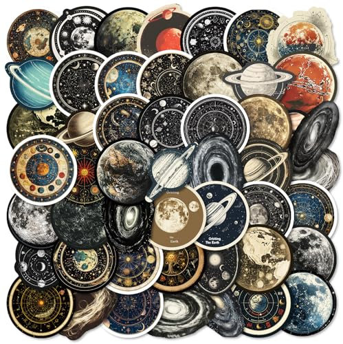 PNGIF Galaxie Planet Sticker Set 50 Stück, Graffiti Mond Weltraum Aufkleber für Scrapbook Journal Kindle Koffer Skateboard Laptop Motorrad Snowboard, Wasserfeste Himmlisch Sticker