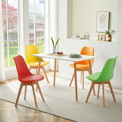 LafeuR Essgruppen Esstisch mit 4 Stühlen, 4er Set Esszimmerstühle und Rechteckig Küchentisch Esszimmergruppe für Wohnzimmer Küche Büro(Weiß Tisch + Rot&Gelb&Grün&Orange Stuhl)