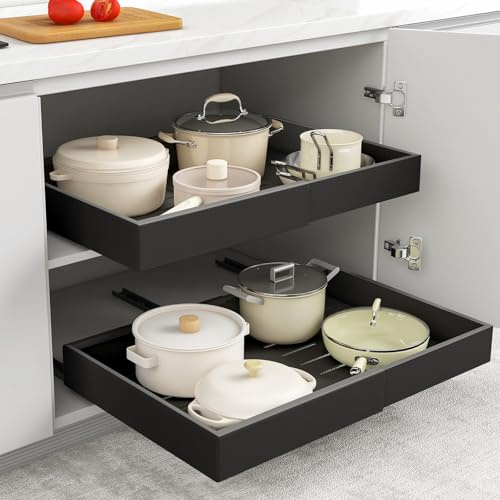 Trintion Pull Out Cabinet Organizer, Adjustable Expandable Slide Out Drawer, Roll-Out Sliding Drawer Organiser Shelf for Kitchen & Bathroom Storage,Easy Installation with Adhesive Film (2pcs Black)