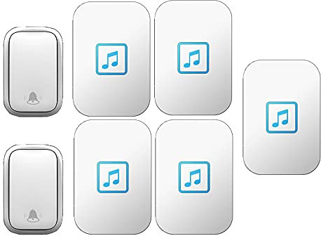 SGKOMN Timbre inalámbrico, 2 pulsadores y 6 receptores, Resistente al Agua, de 490 pies de Largo Alcance, Kit de Timbre Universal para Puerta Familiar con 60 timbres, Volumen de 5 Niveles(White)