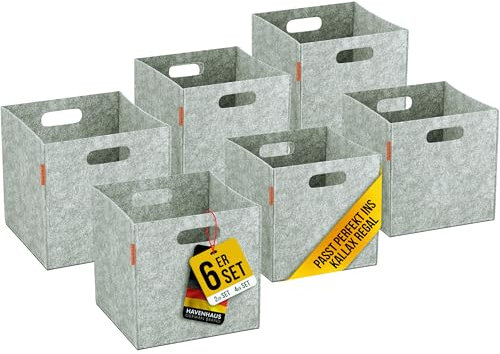 Havenhaus Filzkorb Aufbewahrung 6er Set Silber-Grau 30x30x30cm | 6 Boxen Aufbewahrung Filz | Faltbox geeignet im ganzen Haus | Aufbewahrungsbox 30x30x30 | Körbe| Kallax Boxen