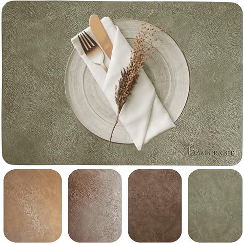 Amber&Bee Lederoptik Platzsets 6er Set waschbaren Tischsets (Olive Brown)