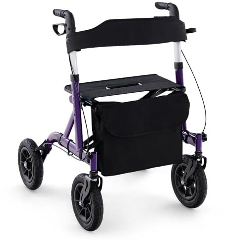 RELAX4LIFE Déambulateur 4 Roues, Déambulateur Pliable Léger Aluminium, Siège Temporaire, Roues Tout-Terrain, Hauteur 81-94 CM, Sac, Porte-Canne, Rollator Portable pour Agés Handicapés (Violet)
