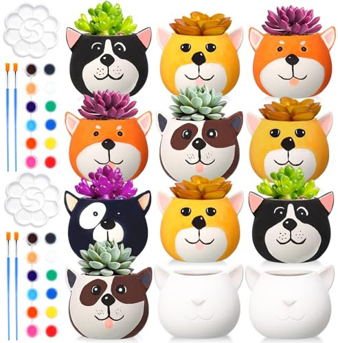Pasimy 12 Set DIY Ceramic Succulent Pots Ready to Paint Your Own Flower Pots Craft Kit Unpainted Bisque with Brush Palette Ceramics to Paint for Family Activity Craft Project Birthday Gift(Dog)