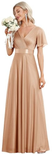 Ever-Pretty Women's Sparkling Ruffles Sleeve Deep V-Neck Empire Waist A-Line Bridesmaid Dress Rose Gold 12UK
