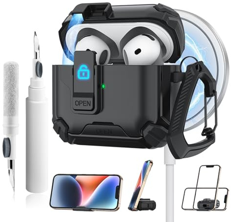 YLK Cover compatibile con AirPods 4 2024 con kit di pulizia, custodia per militari, custodia rigida con serratura anti-shock, custodia di protezione con portachiavi (nero)