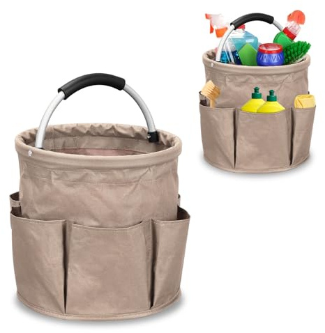 mumisuto Reinigungskorb, Putzmittel Organizer Werkzeugkorb mit 6 Außentaschen Aufbewahrungskorb Mit Griff Werkzeugkorb Tasche für Innenbereich,Garten,Badezimmer, 28x28 CM (Khaki)