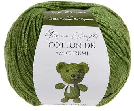 Utopia Crafts Amigurumi Cotton DK Yarn for Crochet and Knitting 50% Cotton, 50% Acrylic Blended, 50g (1, Olive Green)