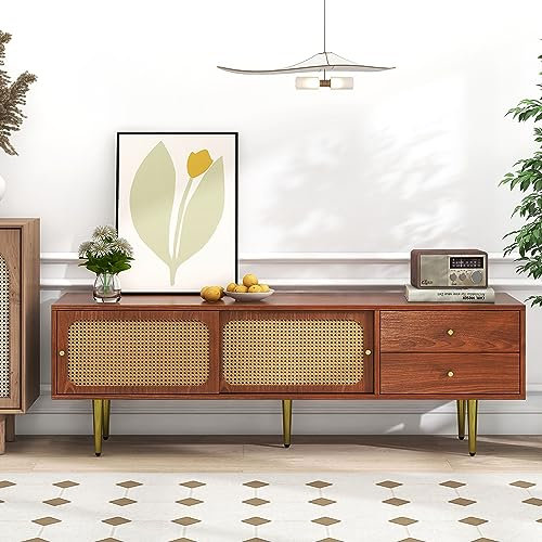 Merax Meuble TV bas en rotin pour téléviseur de 70 avec 2 portes coulissantes, 2 tiroirs et 4 casiers, buffet rustique, noyer, 160 x 40 x 60 cm