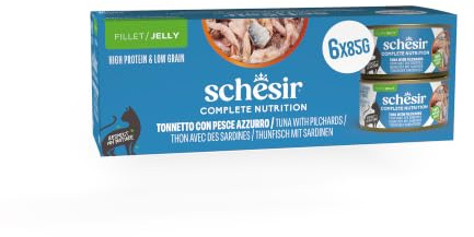 Schesir, Thunfisch mit blauem Fisch in Gelee, komplettes Nassfutter für Katzen, in Dose, mit zusätzlichen Vitaminen, 100% natürlich, 6 x 85 g