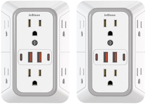 Lot de 2 rallonges de prise, répartiteur de 6 prises avec 4 prises USB (2 USB A, 2 USB C), bande d'alimentation à 3 faces avec adaptateur de prises espacées pour le