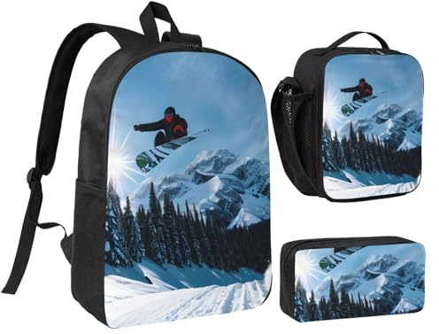 LXqlSS Mochila con estampado de snowboard para uso diario, juego de 3 mochilas con lonchera y estuche para lápices
