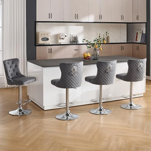 Orirsnug Samt Barhocker 4er Set Höhenverstellbar Küchenhocker Grau | Barhocker mit Löwen-Türklopfer, Gepolsterter Tresenhocker Moderner für Küche, Theke