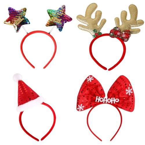 Fgdui 4PCS Weihnachtskopfschmuck Weihnachts Haarreif Rentierohren Weihnachtsmütze Schmetterlingsknoten Leuchtender Fünfeck für Weihnachts-haarreif