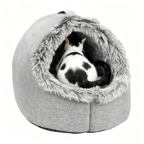 Katzenhaus Bett - Warmes Beruhigendes Nest Mit Griff,Katzenbett Überdachtes Welpenhaus | Für Kleine Mittlere Kätzchen Hund Schlafen Winter Innen Schlafzimmer Wohnzimmer Balkon Zuhause Wohnung